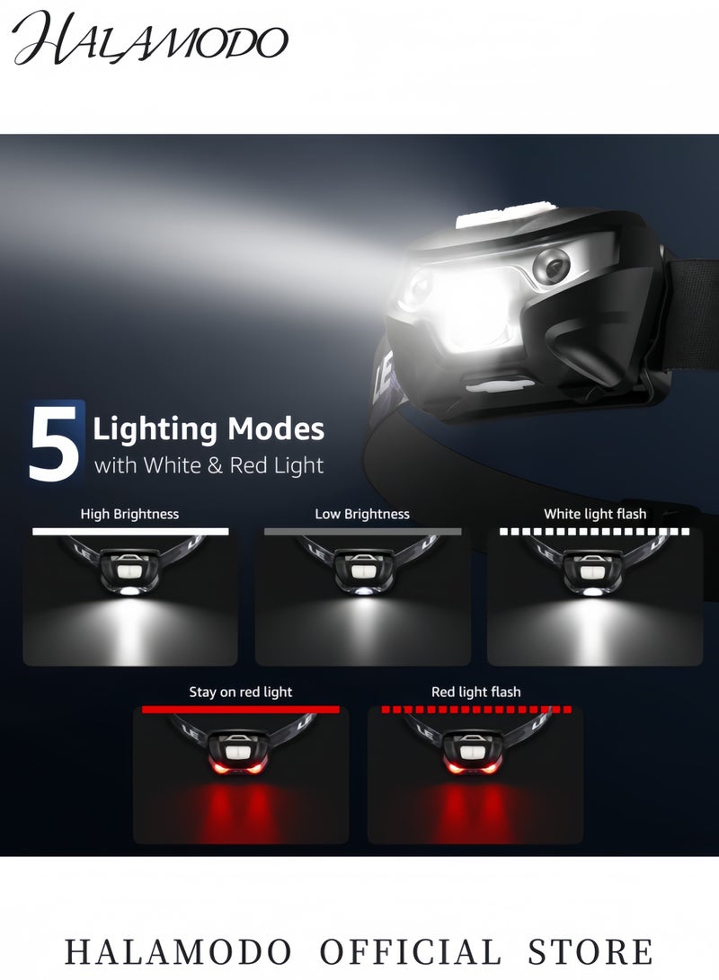 هالامودو مصباح رأس مع مصباح يدوي قابل للشحن عبر USB ضوء LED أبيض ساطع مع تأثير التوهج والإضاءة المنخفضة ووميض والتحريض المائي مصباح رأس مدمج وسهل الاستخدام للأنشطة الخارجية مع كابل بحجم 5.5×3.5 سم - Image 2