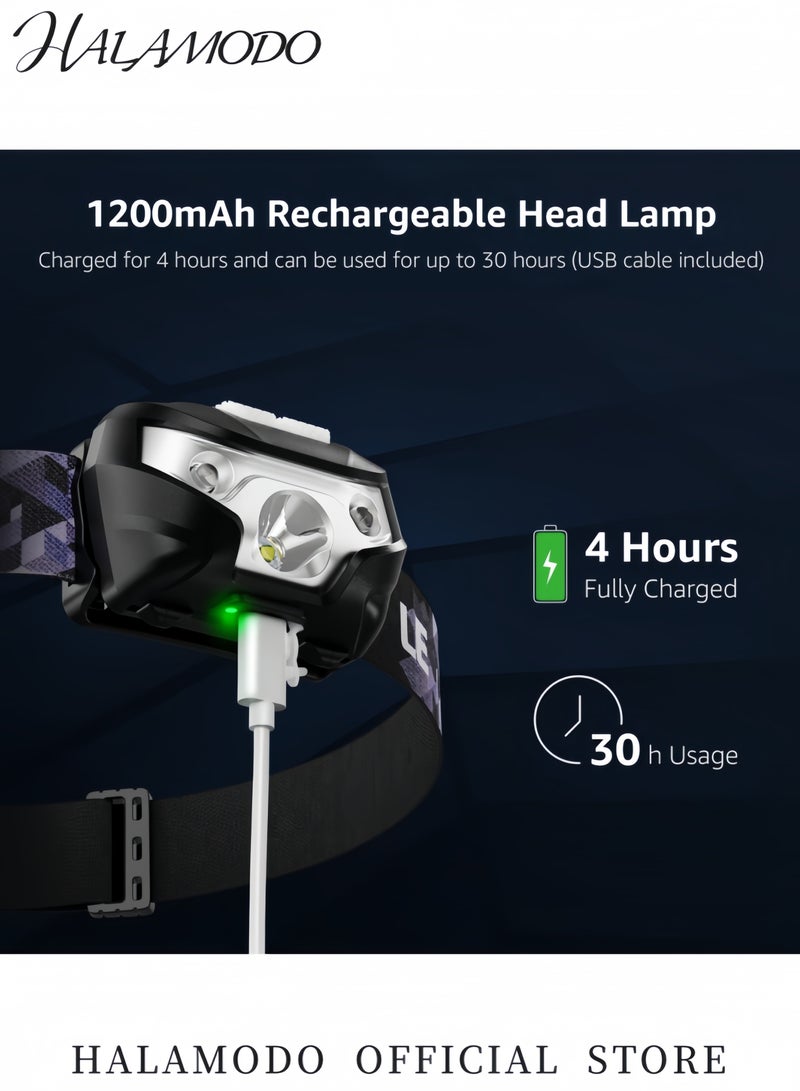 هالامودو مصباح رأس مع مصباح يدوي قابل للشحن عبر USB ضوء LED أبيض ساطع مع تأثير التوهج والإضاءة المنخفضة ووميض والتحريض المائي مصباح رأس مدمج وسهل الاستخدام للأنشطة الخارجية مع كابل بحجم 5.5×3.5 سم - Image 5