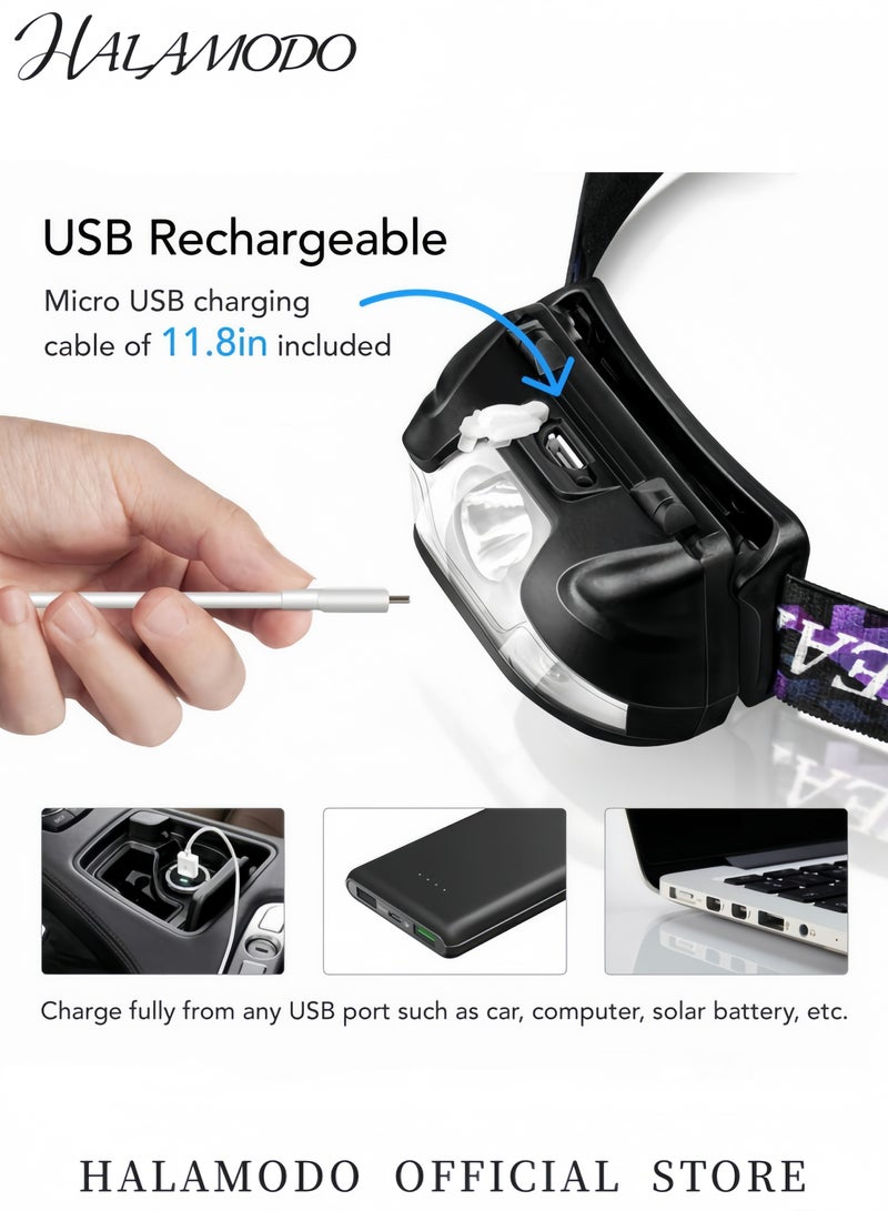 هالامودو مصباح رأس مع مصباح يدوي قابل للشحن عبر USB ضوء LED أبيض ساطع مع تأثير التوهج والإضاءة المنخفضة ووميض والتحريض المائي مصباح رأس مدمج وسهل الاستخدام للأنشطة الخارجية مع كابل بحجم 5.5×3.5 سم - Image 3