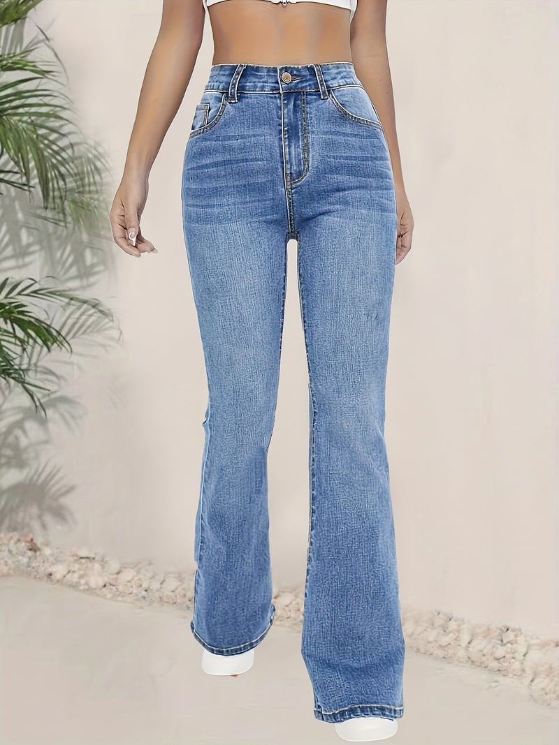 Fashionable And Versatile Blue High-Waisted Elastic Slim-Fit Flared Pants Women'S Denim Flared Pants - Image 5