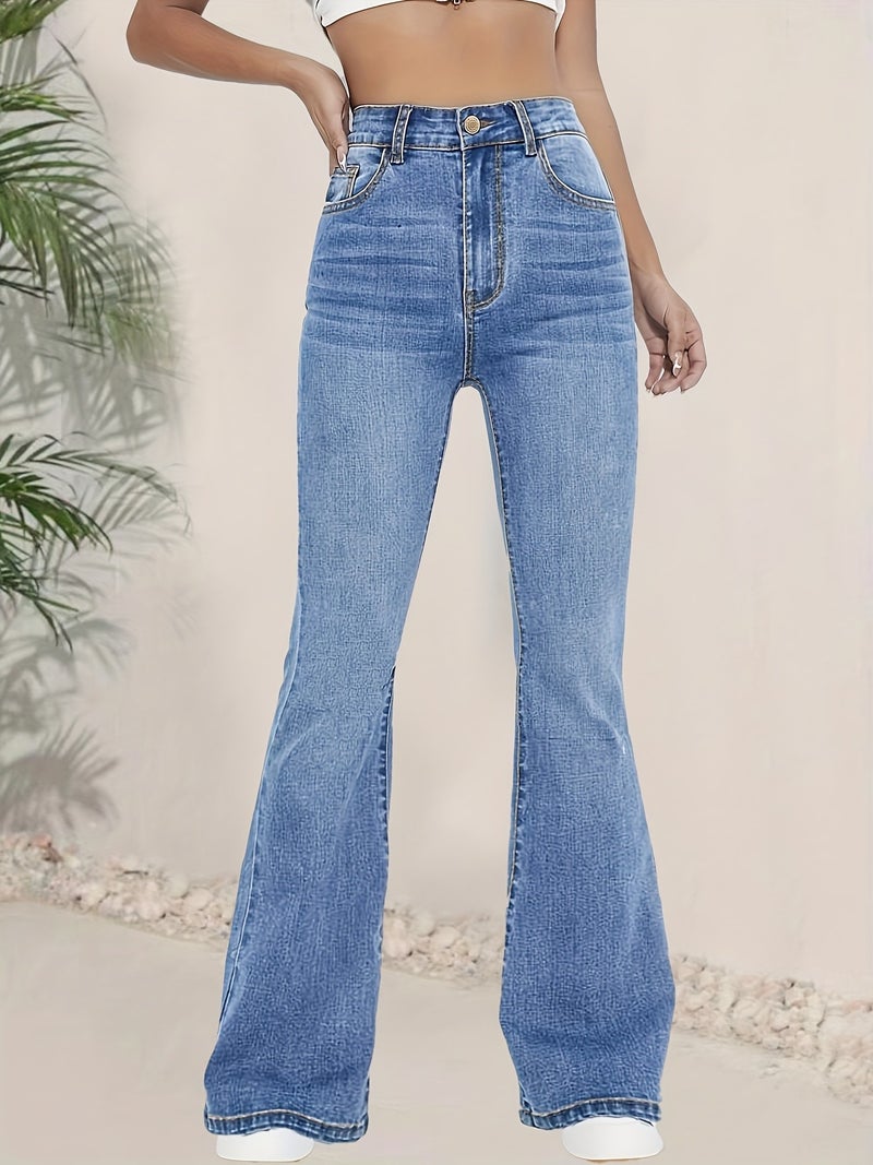 Fashionable And Versatile Blue High-Waisted Elastic Slim-Fit Flared Pants Women'S Denim Flared Pants - Image 3