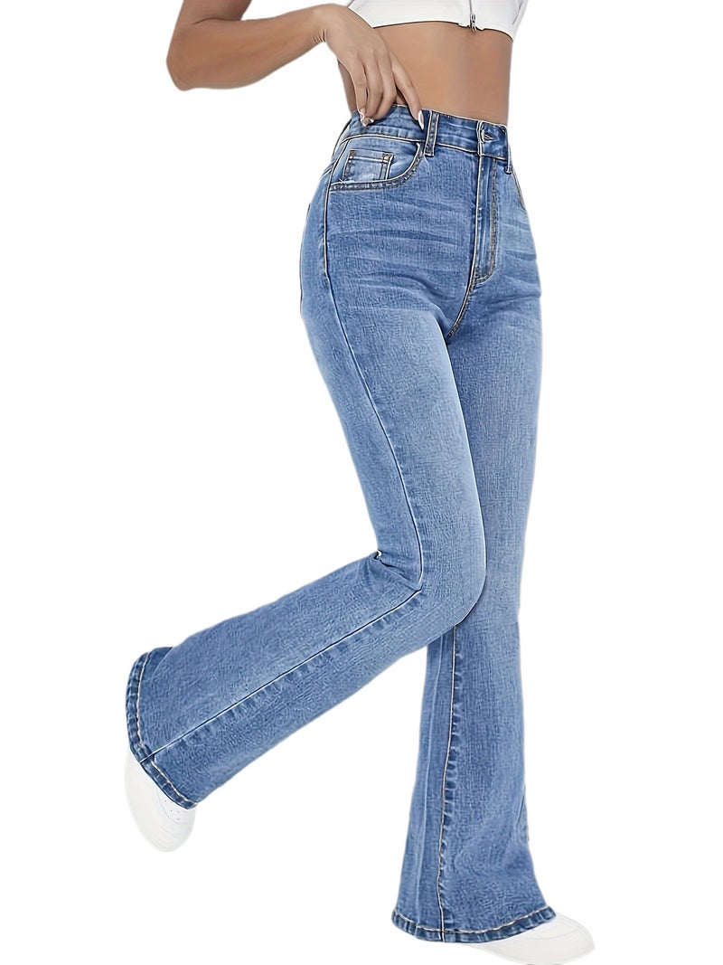 Fashionable And Versatile Blue High-Waisted Elastic Slim-Fit Flared Pants Women'S Denim Flared Pants - Image 1