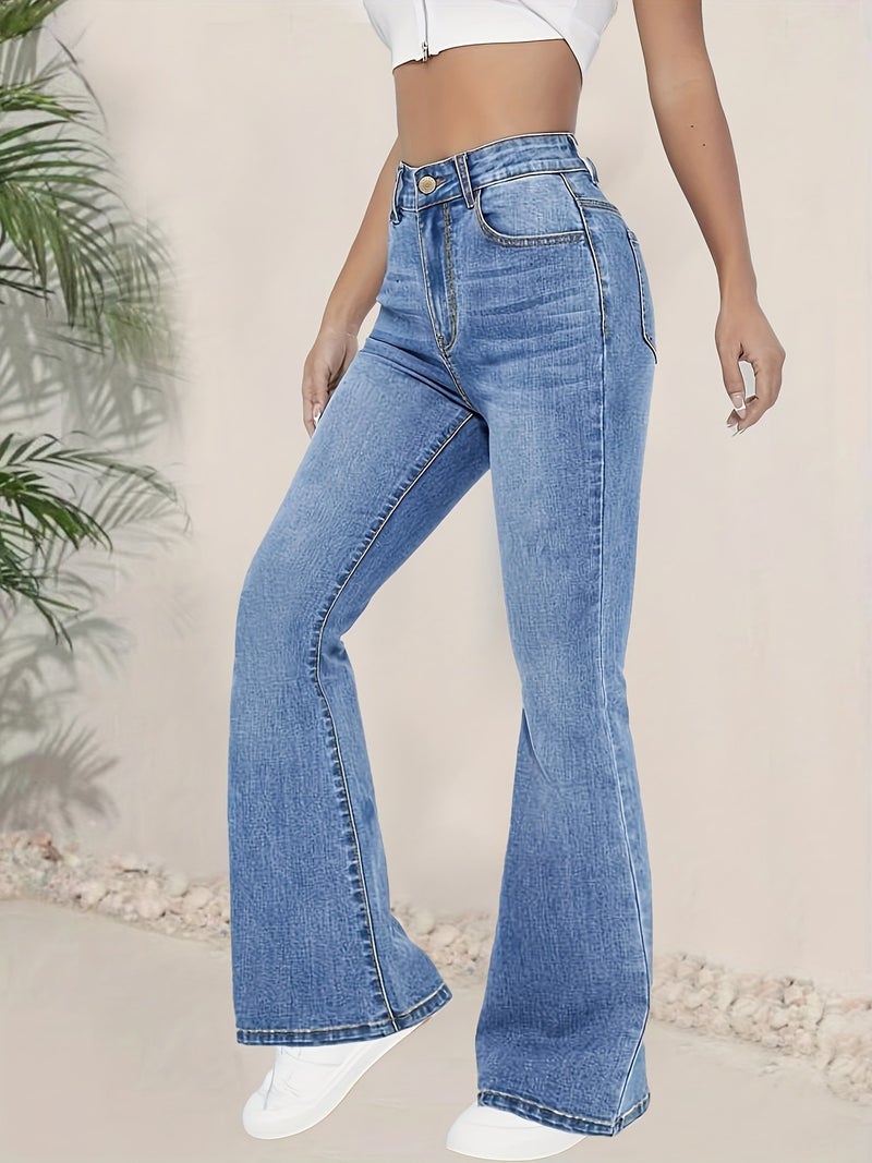 Fashionable And Versatile Blue High-Waisted Elastic Slim-Fit Flared Pants Women'S Denim Flared Pants - Image 2