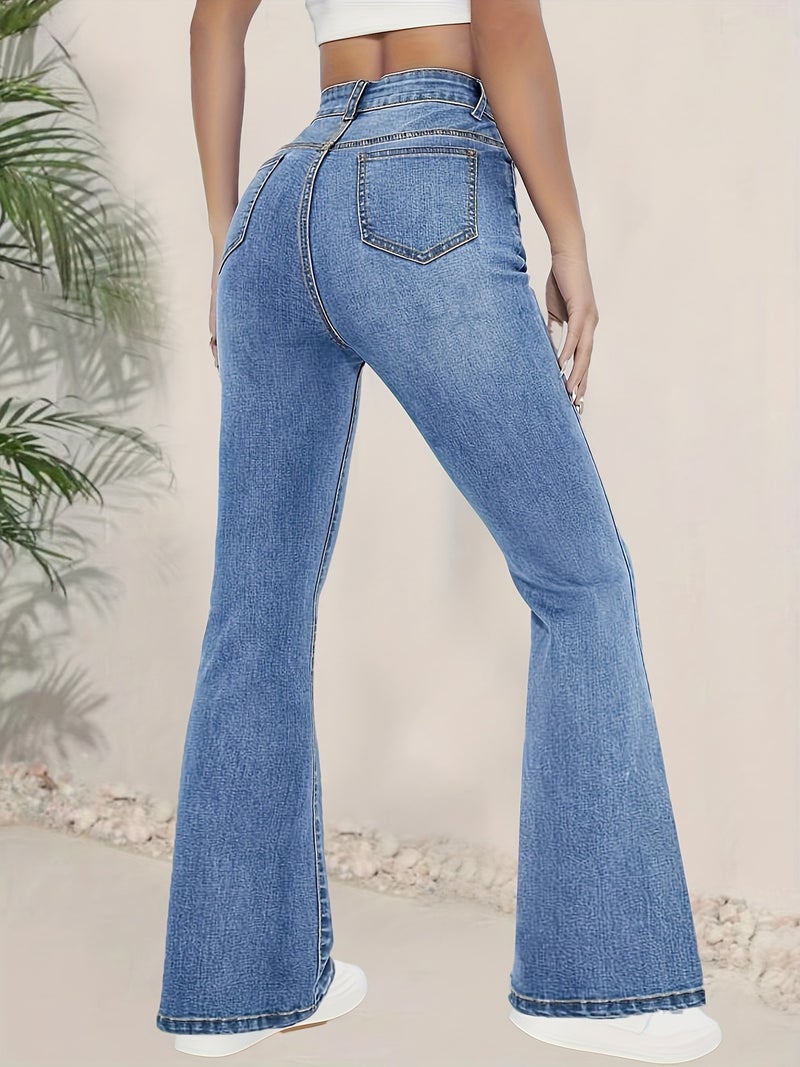Fashionable And Versatile Blue High-Waisted Elastic Slim-Fit Flared Pants Women'S Denim Flared Pants - Image 4