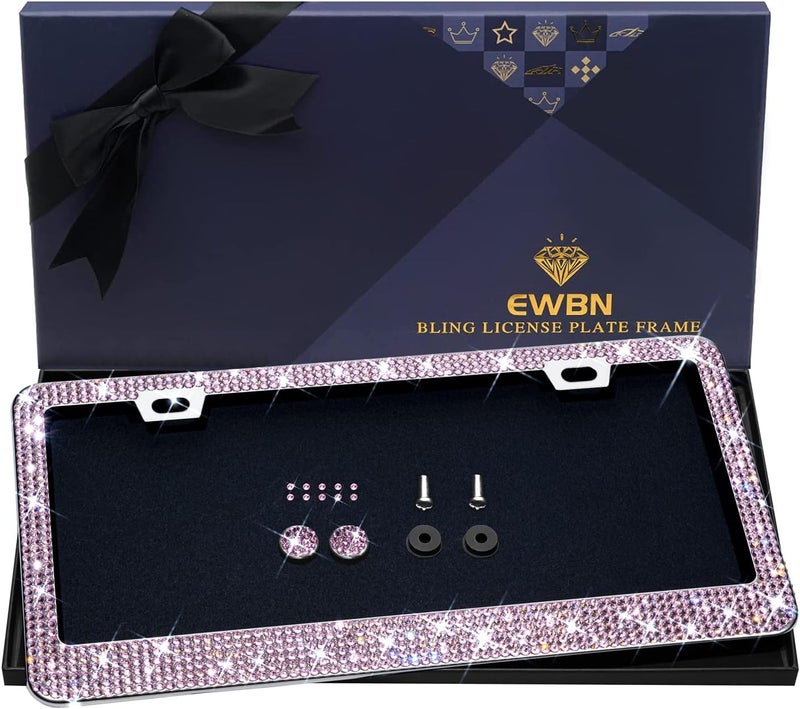 EWBN Bling Rhinestone License Plate Frame for Women，Diamond Sparkly License Plate Frames| Stainless Steel Frames & Over 1200 pcs Finest 14 Facets Glass Crystals Premium Diamond+GiftBox(Pink) - Image 1