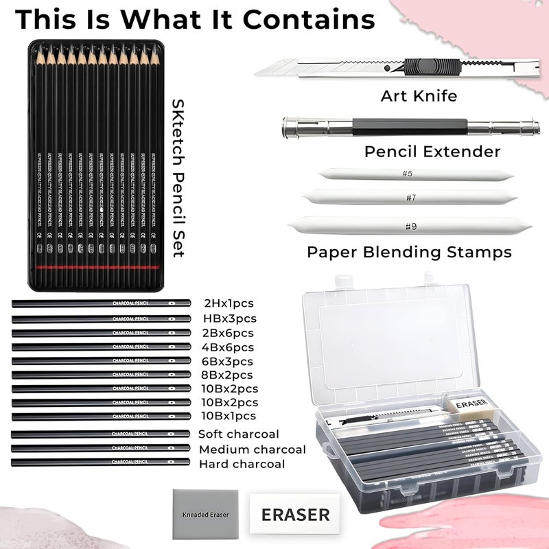 DaKos Professional Sketching Set for Artists, Drawing Tool Kit for Beginners, Complete Sketching Pencil Set for Kids with Easy Carry Canvas Rolling Pouch & Storage Box (50 Pcs.) - Image 2