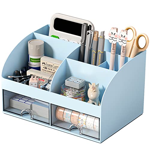 COMFYROOM Desk Organizer with 6 Compartments and 2 Drawers Plastic Makeup Organizer Pen Holder for Desktop Storage Desk Organization for School Home Office Supplies Blue - Image 1