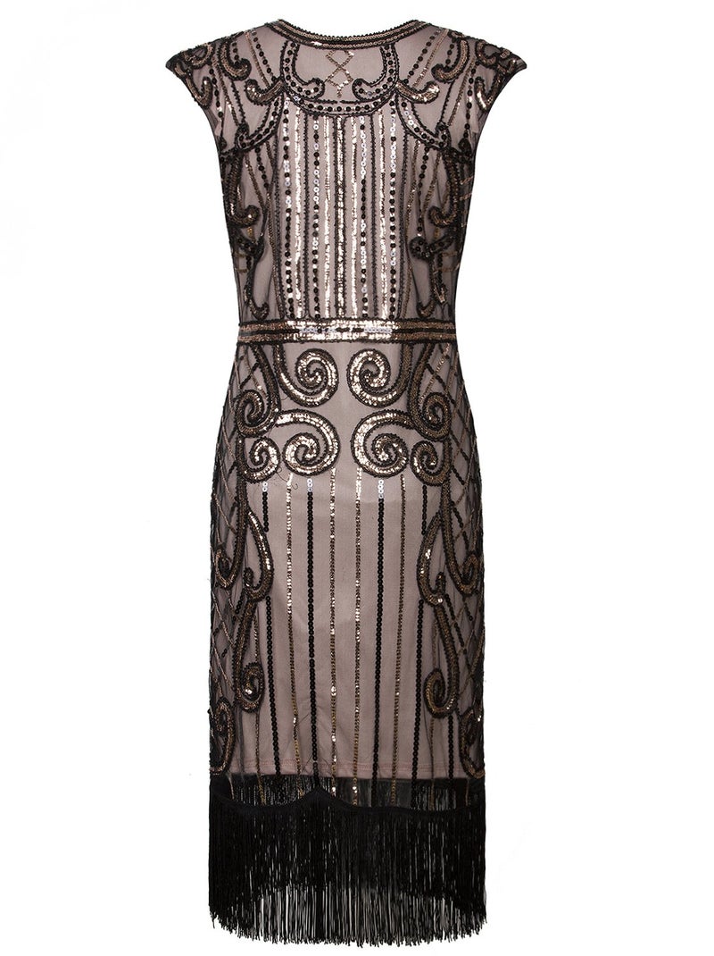 Vijiv 1920s Vintage Inspired Sequin Embellished Fringe Long Gatsby Flapper Dress,Black Beige,XX-Large - Image 4