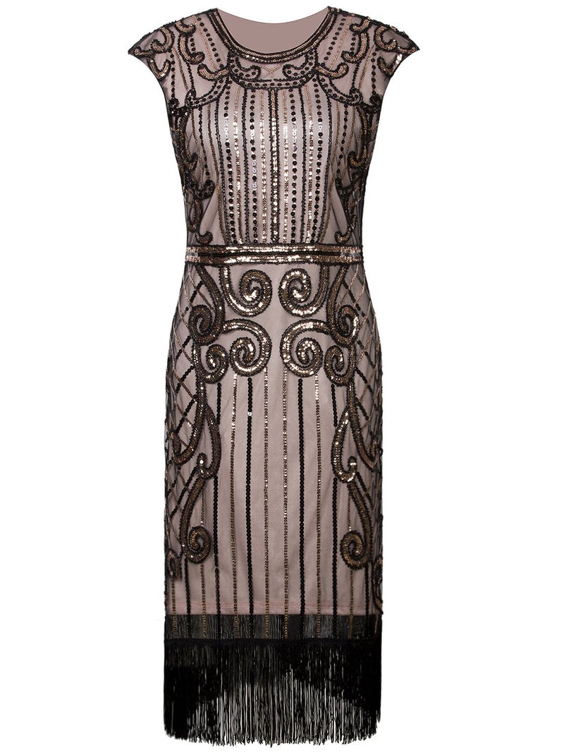 Vijiv 1920s Vintage Inspired Sequin Embellished Fringe Long Gatsby Flapper Dress,Black Beige,XX-Large - Image 2