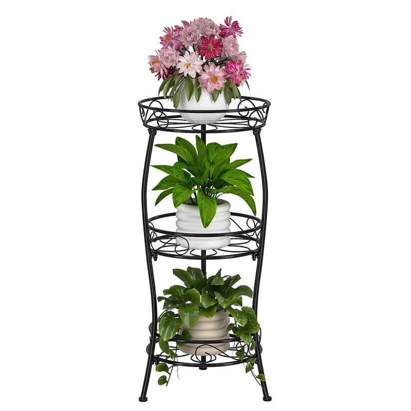 VECELO 3 Tier Metal Outdoor Plant Stand Indoor Rustproof Stable 338 Tall Iron Flower Stand Decorative Multiple Heavy Duty Plant Holder for Corner Patio Balcony Garden Black