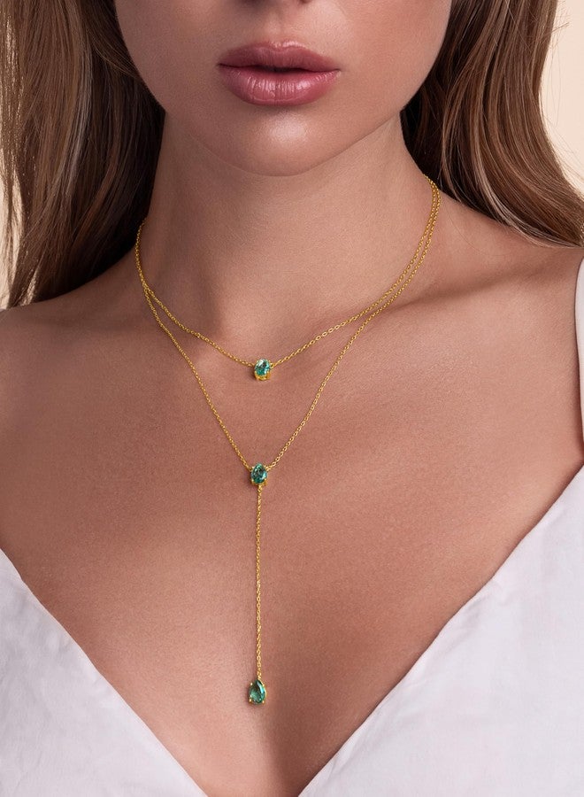 SNGIA Long 18K Gold Plated Blue Green Red Layered Pendant Necklace For Women (Emerald, Ruby, Seafoam, Sky, Sapphire), Dainty Birthstone Necklace, Statement Necklace Jewelry Gifts., Adjustable Chain - Image 5
