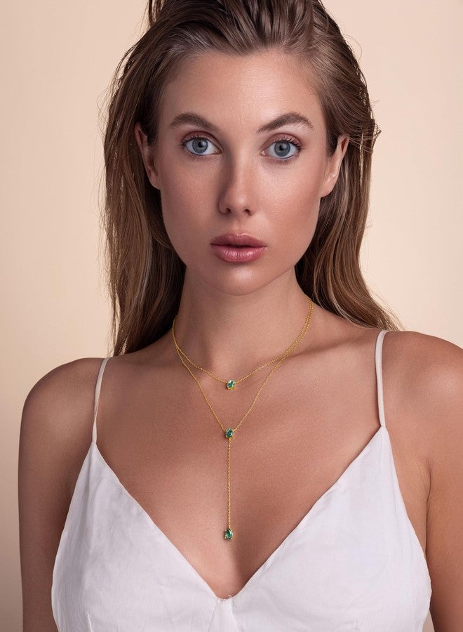 SNGIA Long 18K Gold Plated Blue Green Red Layered Pendant Necklace For Women (Emerald, Ruby, Seafoam, Sky, Sapphire), Dainty Birthstone Necklace, Statement Necklace Jewelry Gifts., Adjustable Chain - Image 2