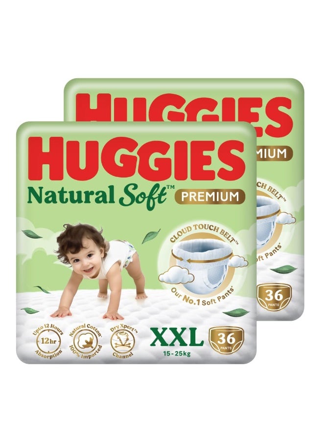Huggies Natural Soft Premium Baby Diaper Pants, Our No.1 Soft Pants, Double Extra Large (XXL) Size (15-25 Kgs), Combo Pack of 36*2 diapers | Cloud Softness All over with India's 1st Cloud Touch BeltTM - Image 1