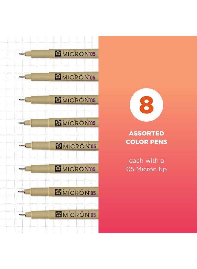 SAKURA Pigma Micron Fineliner Pens - Archival Black, Colored Ink Pens for Writing, Drawing, Journaling - 05 Point Size - 8 Pack  - Image 2