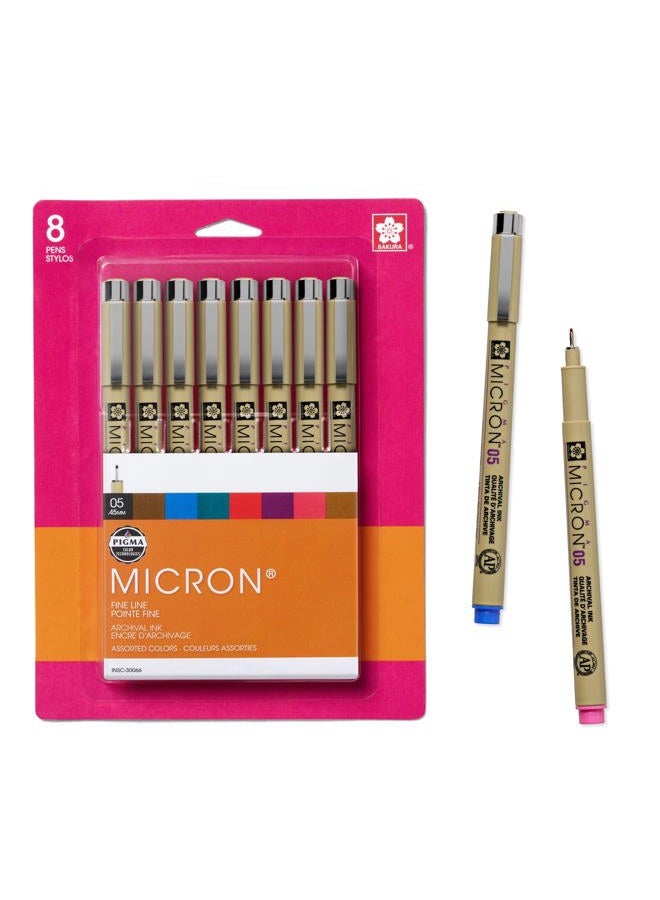 SAKURA Pigma Micron Fineliner Pens - Archival Black, Colored Ink Pens for Writing, Drawing, Journaling - 05 Point Size - 8 Pack  - Image 1
