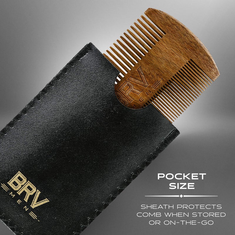 BRV MEN مشط لحية وشوارب للرجال من BRV، مصنوع من خشب الصندل الأخضر الطبيعي 100%، مشط لحية محمول مع حقيبة، مشط خشبي للرجال لجميع أنواع وأشكال الشعر واللحية - Image 5