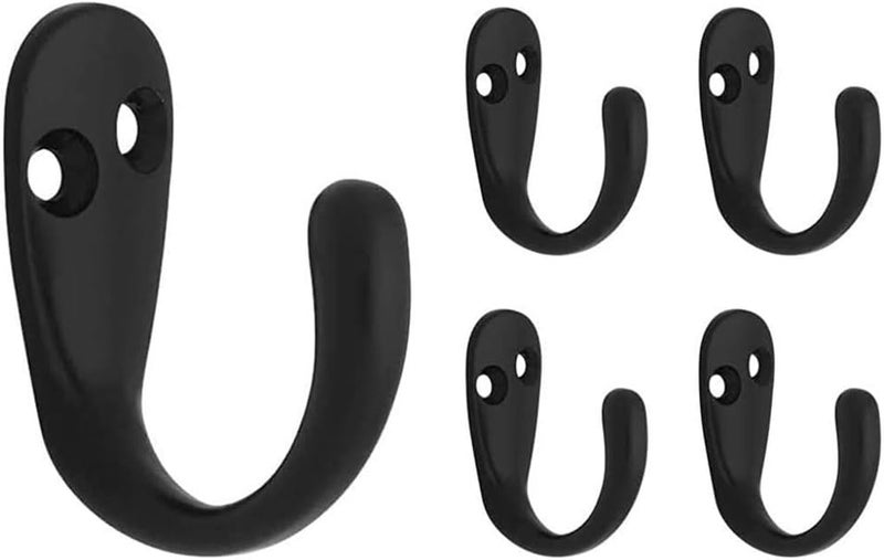 Wall Mounted Robe Hook, 5Pcs Single Prong Double Hole Coat Hooks for Bathroom Accessories, Black - Image 1