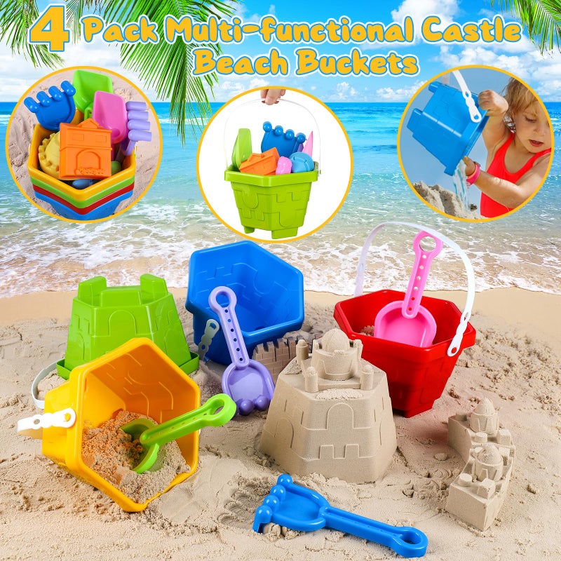 HUUIDY Beach Toys for Kids, Sand Toys with 4 Sand Buckets and Shovels for Kids, Sand Castle Building Kit with Mesh Bag & Molds, Travel Beach Essentials Sandbox Toys for Toddlers Boys Girls Age 4-12 - Image 2