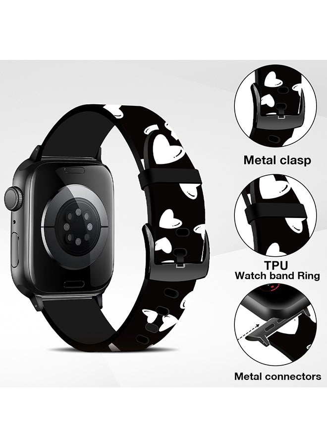 O Ozone Silicone Straps For Apple Watch Series 10 9 8 7 6 5 4 SE, 38/40/41/42mm Stylish Pattern Silicone Watch Bands - Black & White Hearts - Image 5