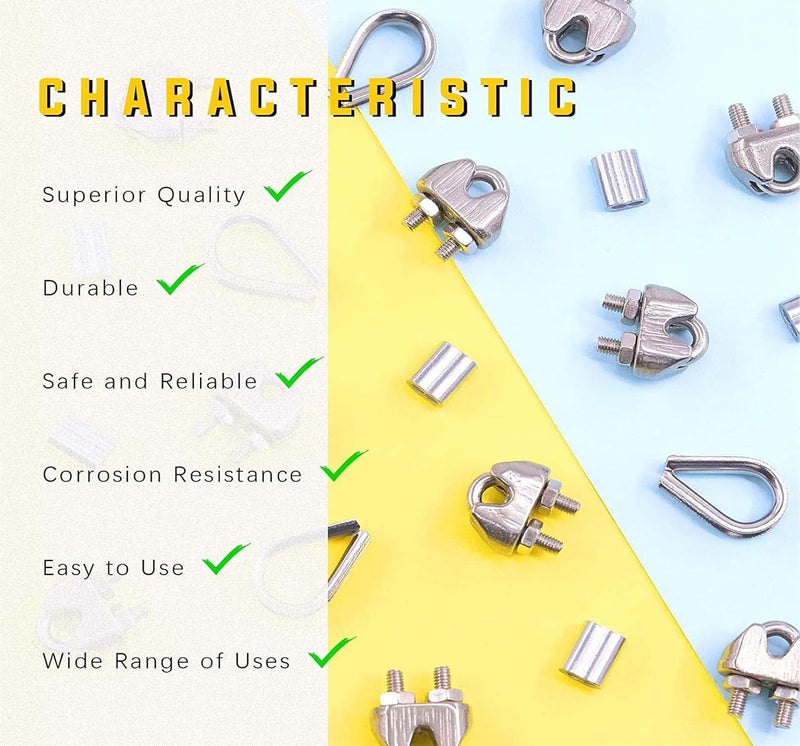 DIY Crafts DIY Crafts 16x 2xKit, 8X M2 (1/16") Wire Steel Rope Set, M2 Wire Rope Cable Clip Clamp, M2 Stainless Steel Thimble, 2mm Aluminum Crimping Loop Sleeve Perfect for 1/8 inch Wire Rope Cable (16x 2xKit)  - Image 4
