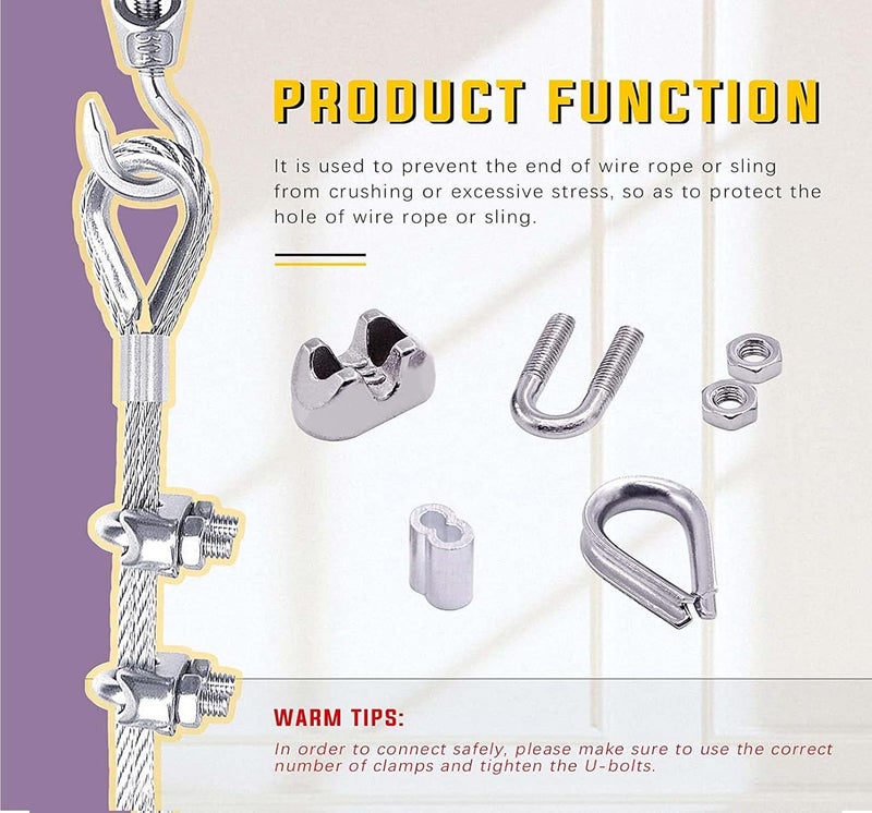 DIY Crafts DIY Crafts 16x 2xKit, 8X M2 (1/16") Wire Steel Rope Set, M2 Wire Rope Cable Clip Clamp, M2 Stainless Steel Thimble, 2mm Aluminum Crimping Loop Sleeve Perfect for 1/8 inch Wire Rope Cable (16x 2xKit)  - Image 3