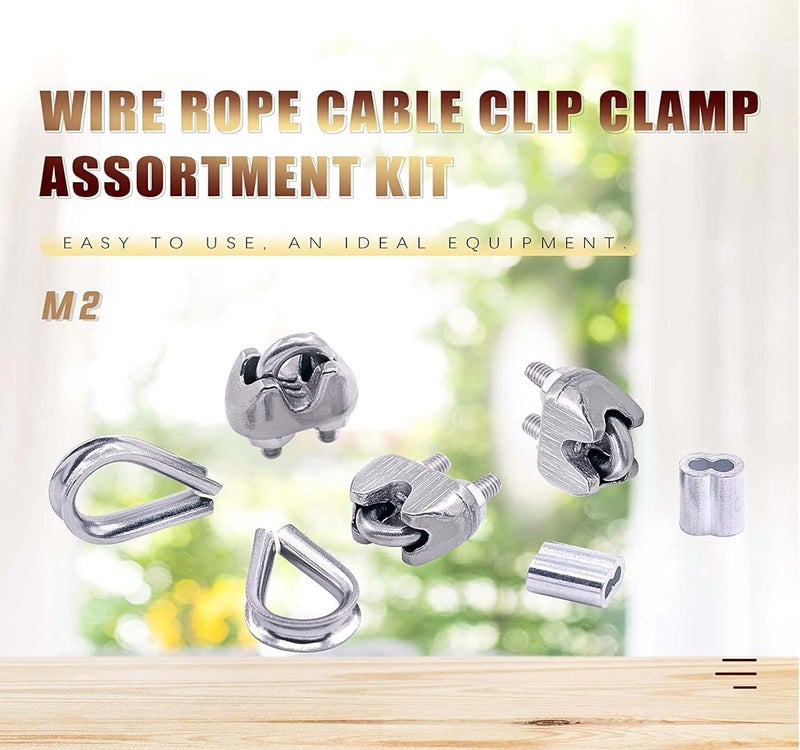 DIY Crafts DIY Crafts 16x 2xKit, 8X M2 (1/16") Wire Steel Rope Set, M2 Wire Rope Cable Clip Clamp, M2 Stainless Steel Thimble, 2mm Aluminum Crimping Loop Sleeve Perfect for 1/8 inch Wire Rope Cable (16x 2xKit)  - Image 2
