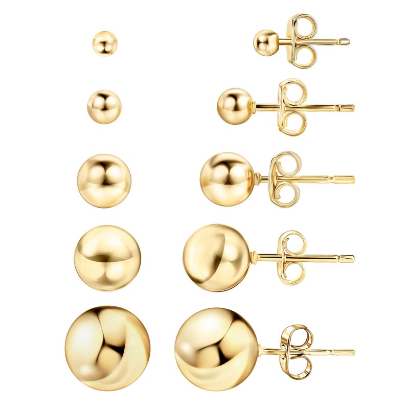 Barzel 18K Gold Plated Ball Stud Earrings Set, Sizes 3-10MM, 5 Pack, High Polish Finish Ball Suds - Image 1