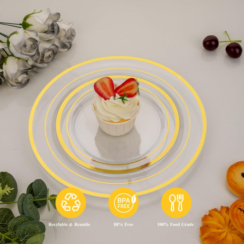 Goodluck 200PCS Clear Gold Plastic Plates, Heavy Duty Disposable Clear Plates with 100 10.25 inch Dinner Plates and 100 7.5 inch Dessert Plates for Party, Holiday, Wedding - Image 2