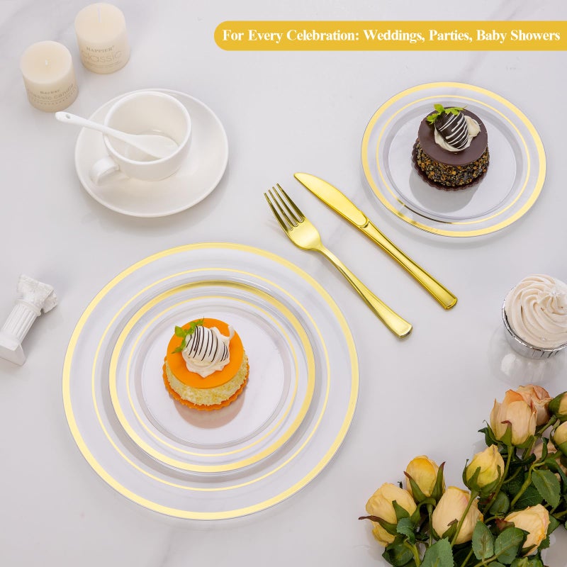 Goodluck 200PCS Clear Gold Plastic Plates, Heavy Duty Disposable Clear Plates with 100 10.25 inch Dinner Plates and 100 7.5 inch Dessert Plates for Party, Holiday, Wedding - Image 5