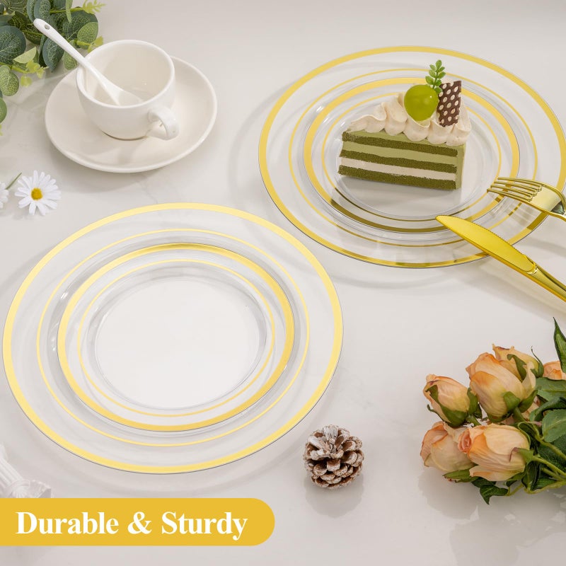 Goodluck 200PCS Clear Gold Plastic Plates, Heavy Duty Disposable Clear Plates with 100 10.25 inch Dinner Plates and 100 7.5 inch Dessert Plates for Party, Holiday, Wedding - Image 3