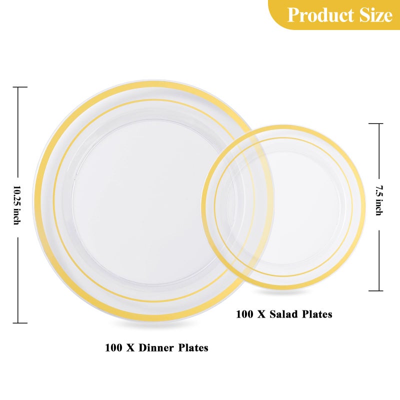 Goodluck 200PCS Clear Gold Plastic Plates, Heavy Duty Disposable Clear Plates with 100 10.25 inch Dinner Plates and 100 7.5 inch Dessert Plates for Party, Holiday, Wedding - Image 4