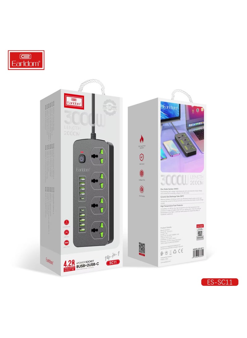 Earldom EU Plug 3000W Extension Socket with Surge Protection, Power Strip. Quick Charge USB Charger, and Tablet/Phone Adapter – High Power, Safe and Fast Charging  - Image 1