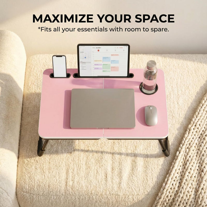 BUYIFY Foldable Laptop Bed Desk for Couch, Sofa - Large Lap Desk Tray Table with Cup Holder and Tablet Slot - Portable Notebook Stand for Eating, Writing, Studying and WFH (Pink) - Image 3
