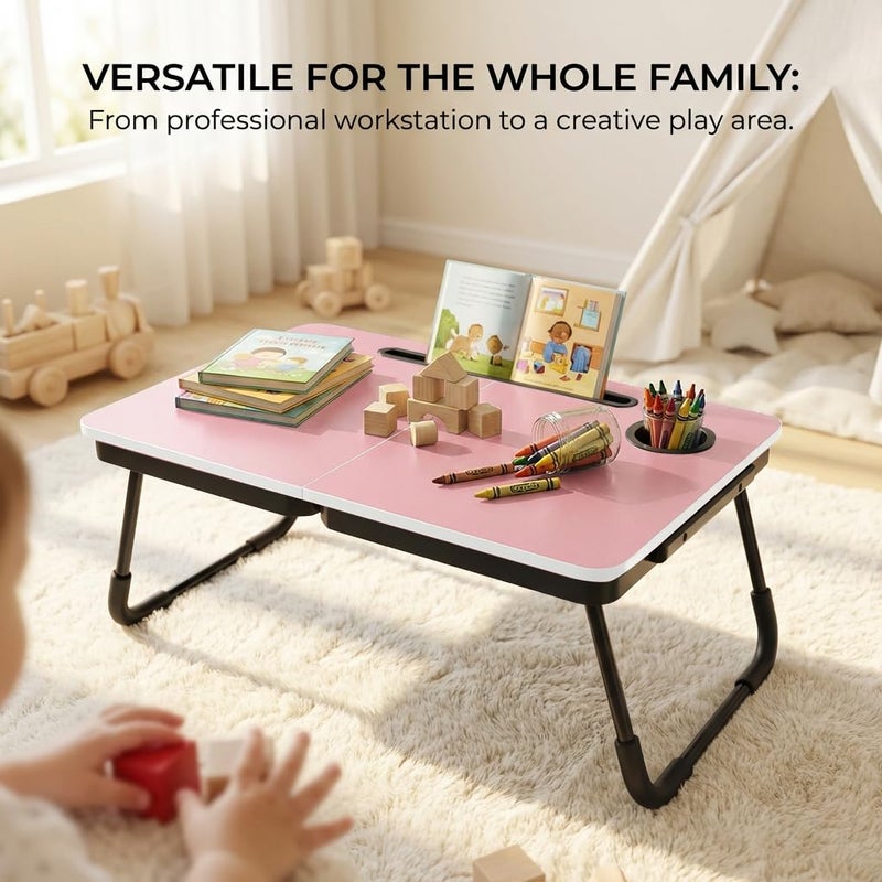 BUYIFY Foldable Laptop Bed Desk for Couch, Sofa - Large Lap Desk Tray Table with Cup Holder and Tablet Slot - Portable Notebook Stand for Eating, Writing, Studying and WFH (Pink) - Image 4