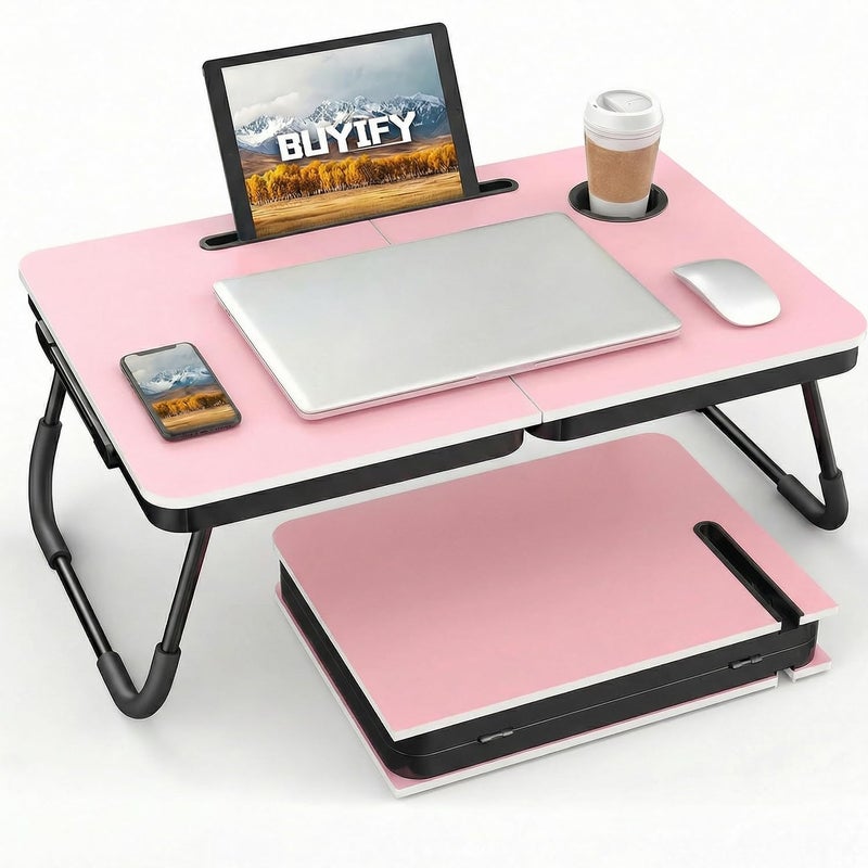 BUYIFY Foldable Laptop Bed Desk for Couch, Sofa - Large Lap Desk Tray Table with Cup Holder and Tablet Slot - Portable Notebook Stand for Eating, Writing, Studying and WFH (Pink) - Image 1