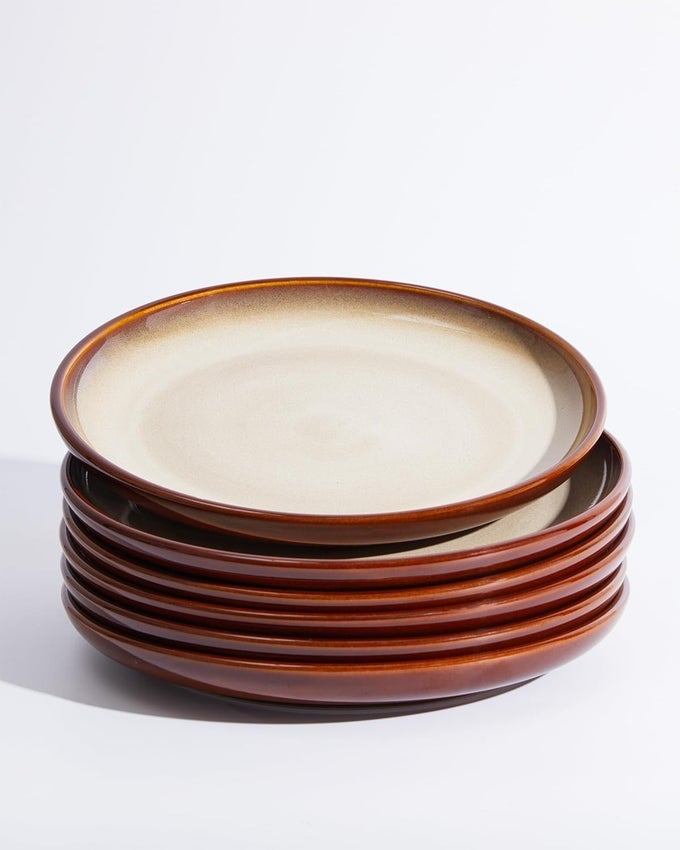10 INCH DINNER PLATES SET OF 6 STONEWARE ROUND SALAD DESSERT PLATES SERVING PLATES MICROWAVE DISHWASHER SAFE BROWN AND YELLOW