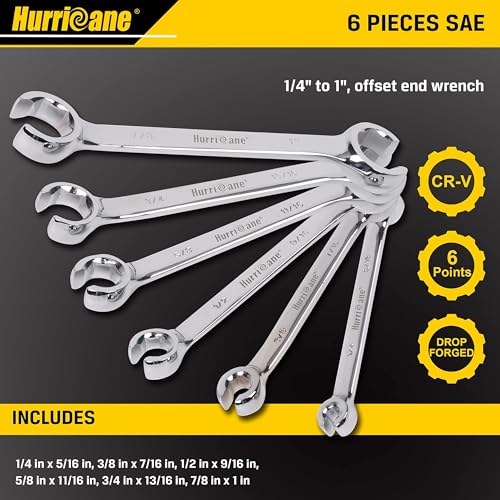 Hurricane مجموعة مفاتيح صمولة هوريكان، 6 قطع لمفاتيح خط الفرامل، مقاس SAE من 1/4 إلى 1 بوصة، 15 درجة انحراف مزدوجة مفتوحة مع حقيبة تنظيم، لإصلاح وإزالة الصواميل على أنبوب الوقود في المساحات الضيقة - Image 4