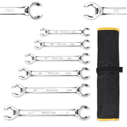 Hurricane مجموعة مفاتيح صمولة هوريكان، 6 قطع لمفاتيح خط الفرامل، مقاس SAE من 1/4 إلى 1 بوصة، 15 درجة انحراف مزدوجة مفتوحة مع حقيبة تنظيم، لإصلاح وإزالة الصواميل على أنبوب الوقود في المساحات الضيقة - Image 1