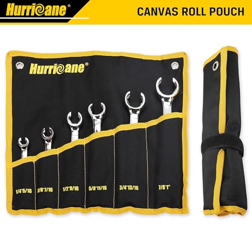 Hurricane مجموعة مفاتيح صمولة هوريكان، 6 قطع لمفاتيح خط الفرامل، مقاس SAE من 1/4 إلى 1 بوصة، 15 درجة انحراف مزدوجة مفتوحة مع حقيبة تنظيم، لإصلاح وإزالة الصواميل على أنبوب الوقود في المساحات الضيقة - Image 3