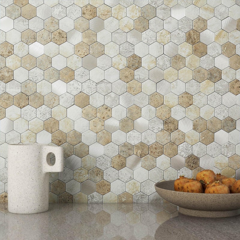 M MOFIT MOFIT Hexagon Peel and Stick Backsplash Tiles Kitchen,Self-Adhesive Metal and Marble Honeycomb Peel and Stick Wall Tiles Sticker Mosaic Heat Resistant(Castle Brown,10sheets) - Image 1