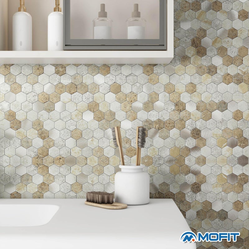 M MOFIT MOFIT Hexagon Peel and Stick Backsplash Tiles Kitchen,Self-Adhesive Metal and Marble Honeycomb Peel and Stick Wall Tiles Sticker Mosaic Heat Resistant(Castle Brown,10sheets) - Image 3