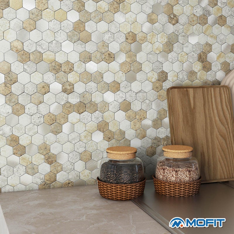 M MOFIT MOFIT Hexagon Peel and Stick Backsplash Tiles Kitchen,Self-Adhesive Metal and Marble Honeycomb Peel and Stick Wall Tiles Sticker Mosaic Heat Resistant(Castle Brown,10sheets) - Image 4