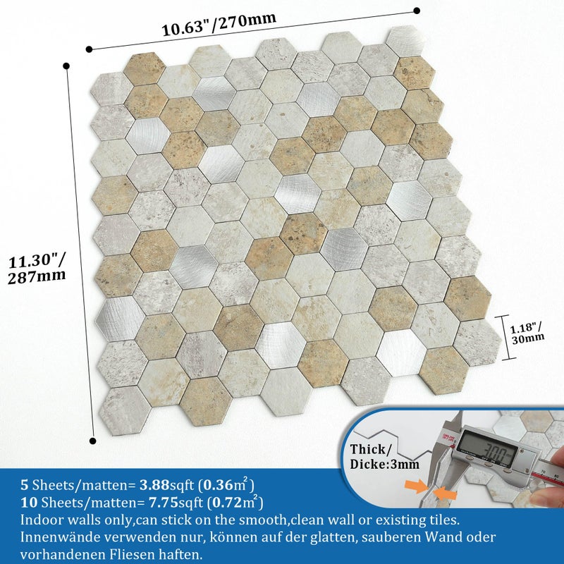 M MOFIT MOFIT Hexagon Peel and Stick Backsplash Tiles Kitchen,Self-Adhesive Metal and Marble Honeycomb Peel and Stick Wall Tiles Sticker Mosaic Heat Resistant(Castle Brown,10sheets) - Image 5