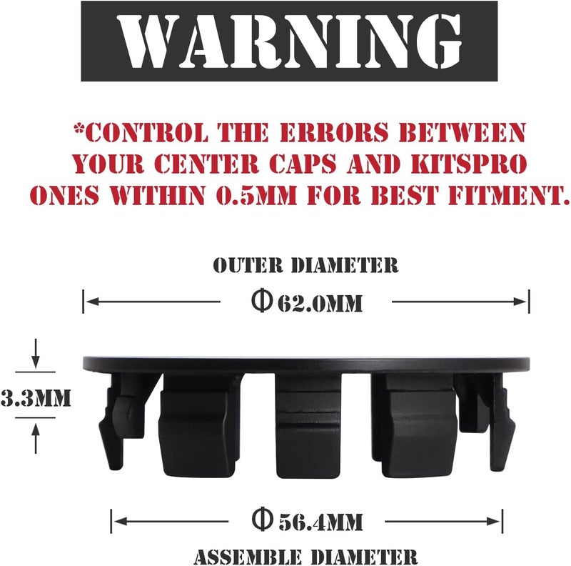 KitsPro 2.4Inch 62MM Wheel Center Caps, Pack of 4 (Matte Black, Outer 62MM, Inner 56MM) - Image 2