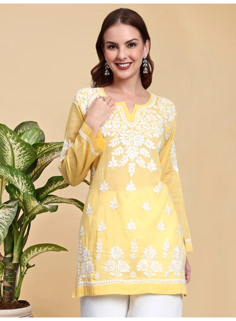 Alaya Women Hand Embroidered Chikankari Cotton Short Top -AL3724