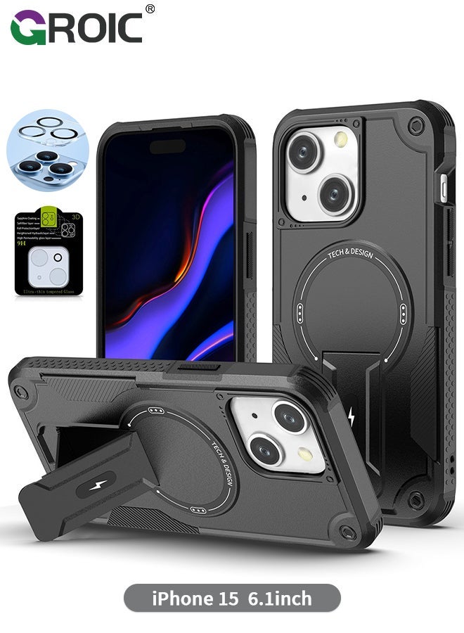 GROIC Case for iPhone 15 6.1 Inch with 1 Pack Camera Lens Protector, Built-in Stand [Compatible MagSafe] Shockproof Vertical and Horizontal Kickstand Phone - Image 1