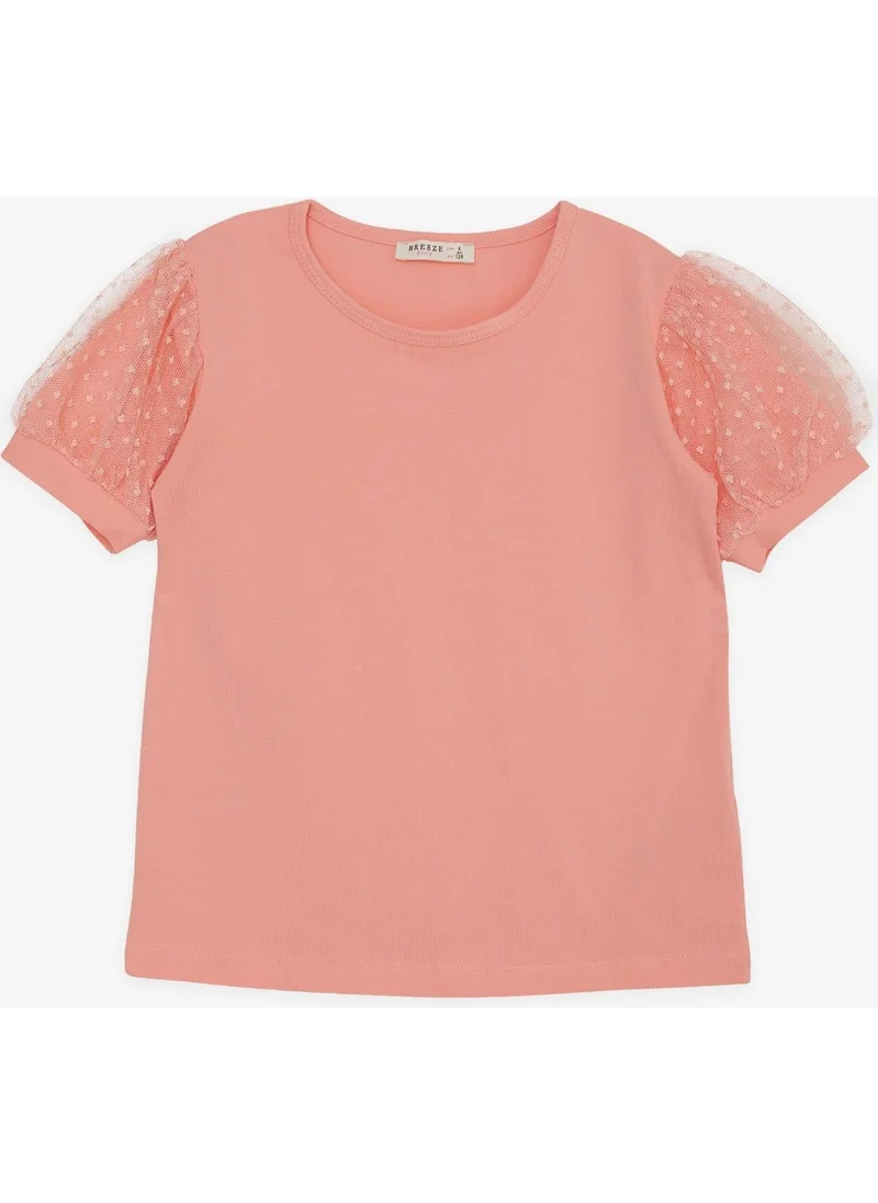 Breeze Girl's T-Shirt with Tulle Sleeves, Age 8-12, Salmon