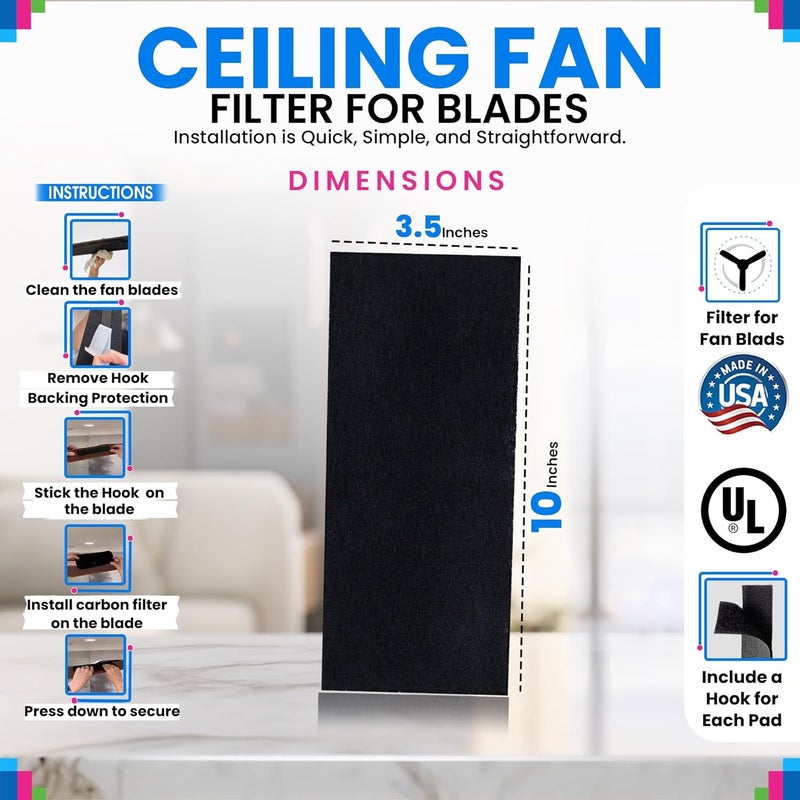Bagean Ceiling Fan Filters for Blades - Coconut Shell Activated Carbon Unscented Dust Catcher Ceiling Fan Filter - Easy Peel & Stick on Fans - Blade Air Purifier Pads Absorbs Odors & Freshens the Air (5-Pcs) - Image 2