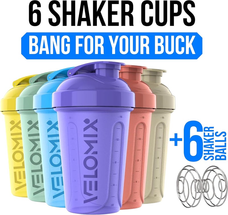 VELOMIX -6 PACK- Protein Shaker Bottles for Protein Mixes, 20 OZ Shaker Cups for Protein Shakes, Small Shaker Bottle Pack, Shaker Cup, blender bottles, Shakers for protein Shakes - Image 2
