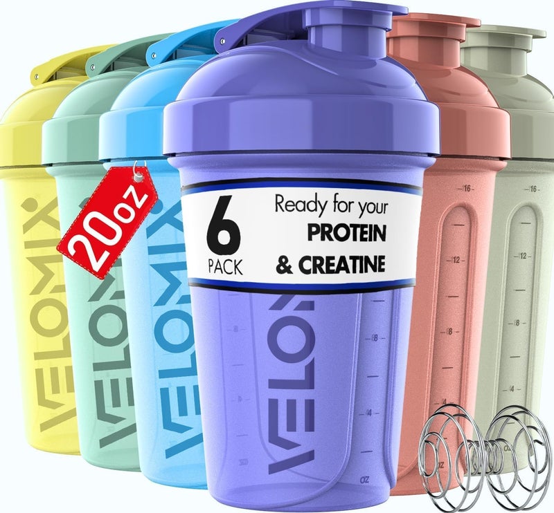 VELOMIX -6 PACK- Protein Shaker Bottles for Protein Mixes, 20 OZ Shaker Cups for Protein Shakes, Small Shaker Bottle Pack, Shaker Cup, blender bottles, Shakers for protein Shakes - Image 1